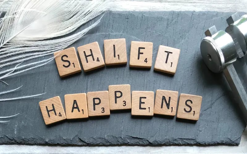 Scrabble tiles spelling out Shift Happens. This image is used to reflect the shift that is occurring in media consumers behaviour to include shorter content. 