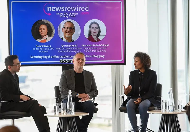 Jacob Granger (senior reporter at Journalism.co.uk), Christian Kneil (Business Content Manager at the Austrian Press Agency), and Naomi Owusu (CEO at Tickaroo) discuss building loyal audiences with liveblogging in a panel discussion at the Newsrewired Conference in London. 