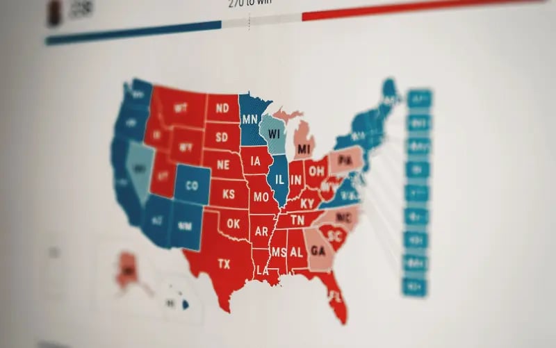 An election map of the USA with some states in blue and others in red.