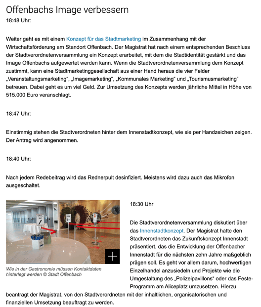 Screenshot aus dem Kommunen Liveblog von Offenbach. Im Liveblog wird darüber berichtet, wie das Image von Offenbach verbessert werden kann. 