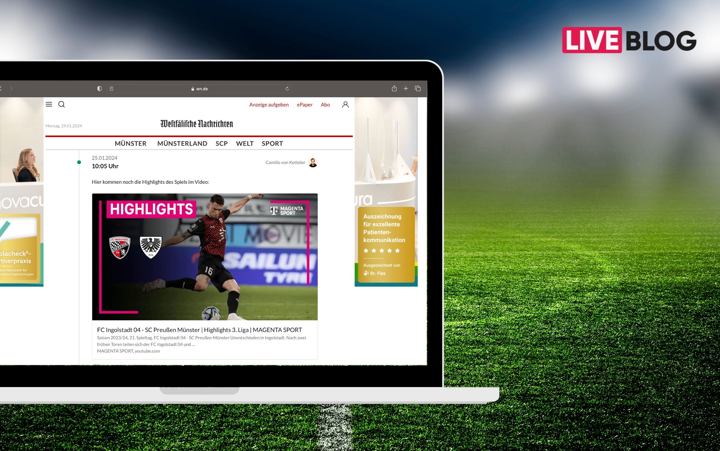 Ein Laptop mit einem Tickaroo Liveblog, welcher Werbeanzeigen am Rand geschalten hat. Im Hintergrund ist ein Fußballfeld.